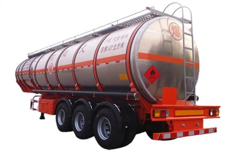 Rear three-quarter view of a polished tanker trailer