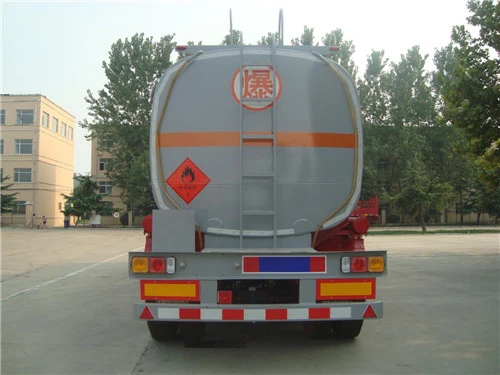 Rear view of a silver tanker with rear safety markings