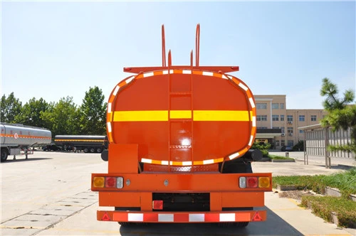 Rear view of an orange tanker trailer