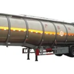 Silver cylindrical tanker trailer viewed from the side