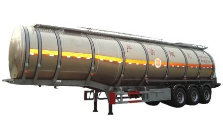 Silver cylindrical tanker trailer viewed from the side