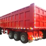 Rear three-quarter view of a red cargo trailer