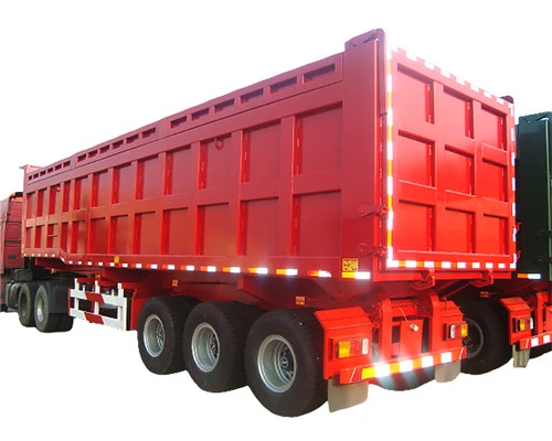 Rear three-quarter view of a red cargo trailer